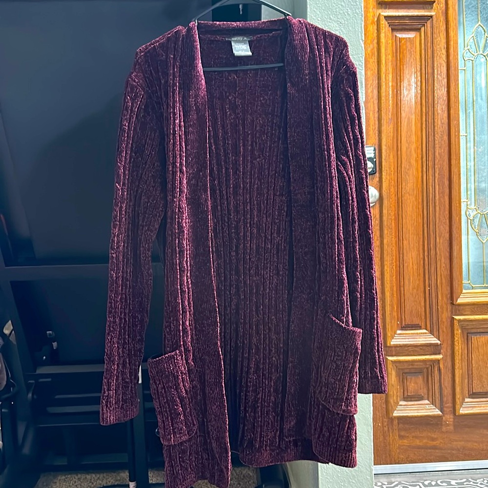 Dark burgundy velvet long cardigan matty m